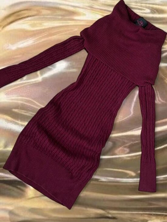 2B Bebe Dresses & Skirts - Vintage 2B Bebe Wine Red Knit Sweater Dress ⭐️ Off Shoulder fold over turtleneck